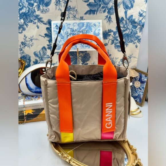 🆕 GANNI 🧿 NWT Small Recycled Tech Tote Bag Crossbody, Khaki & Orange - Picture 7 of 14